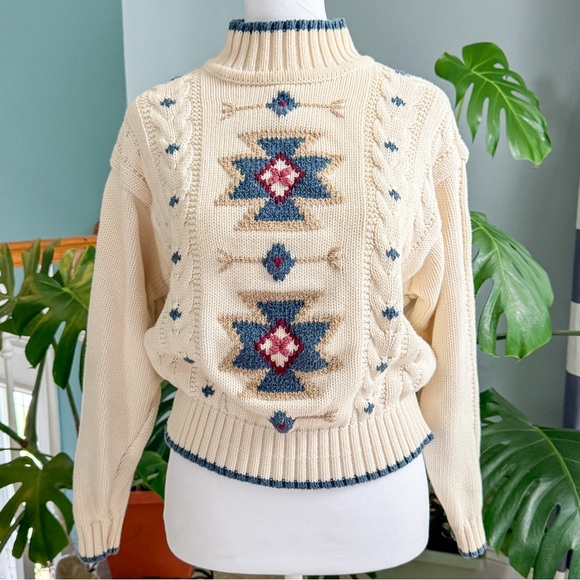 Cream and Blue Patterned Women's Sweater - Picture 2 of 8